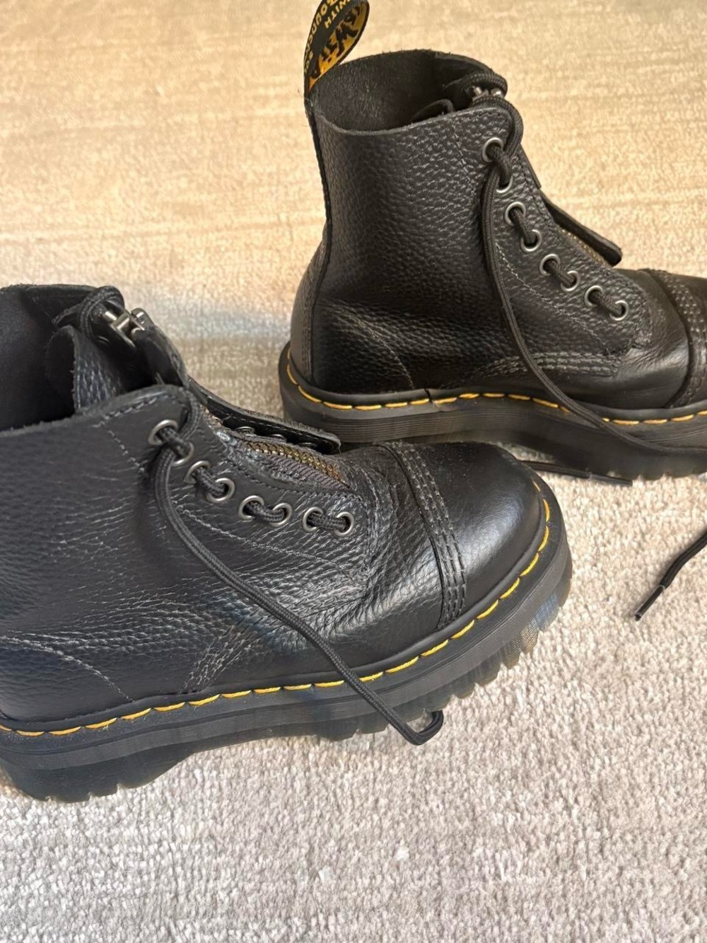 Dr. Martens Black Leather Lace-Up Boots with Yellow Welt